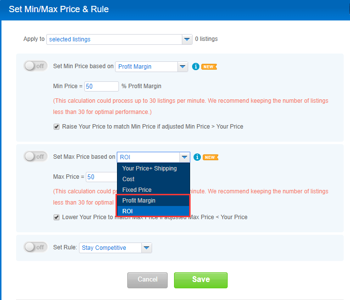 set min/max price&rule